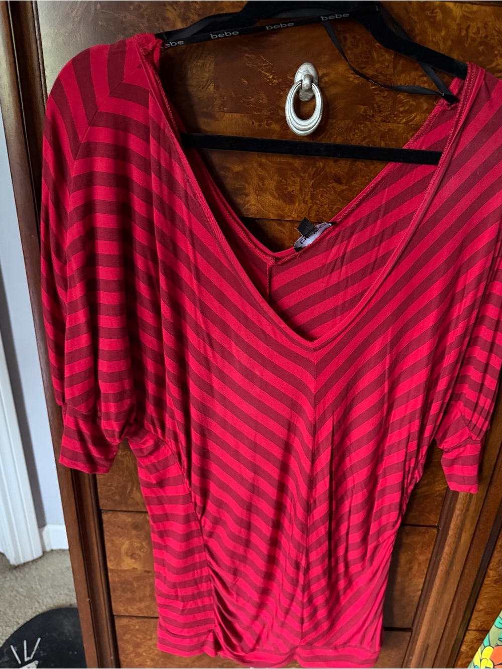 bebe Red and Dark Pink Striped V-Neck Short Sleeve Top
